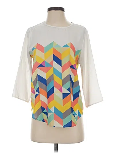 Pre-owned Blue Rain 3/4 Sleeve Top Ivory Color Block Pattern Boatneck Tops In White