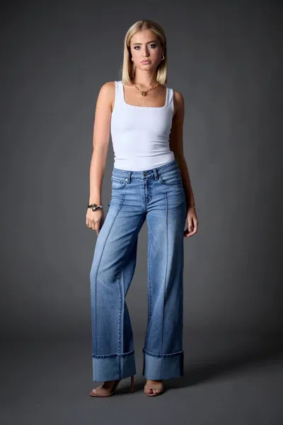 Blue Revival Cuffed Low Rise Wide Leg Jeans In Blue