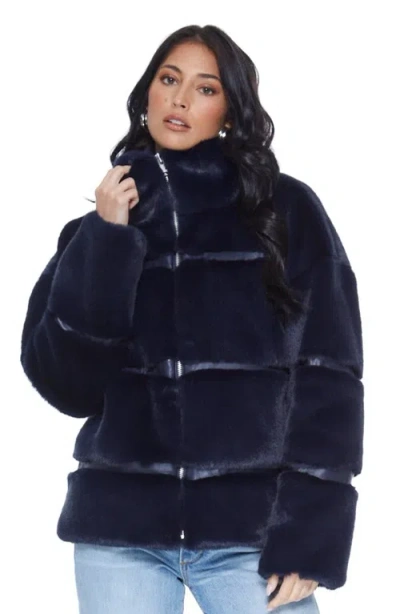 Blue Revival Mob Wife Unreal Leather Fur Jacket In Navy