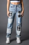Blue Revival Plaid Patchwork Straight Leg Jeans In Blue