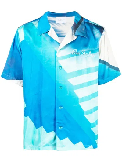 Blue Sky Inn Pool Graphic-print Boxy-fit Satin Shirt In Ao Print