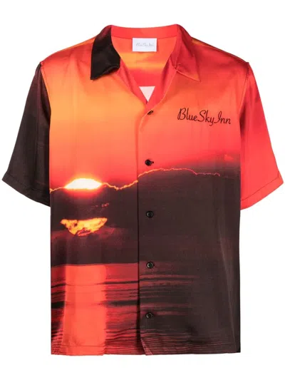 Blue Sky Inn Sunset Print Embroidered Logo Shirt In Orange