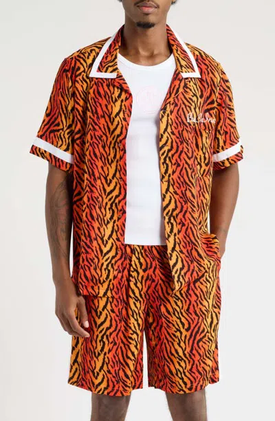 Blue Sky Inn Tiger Print Camp Shirt In Orange