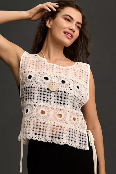 Blue Tassel Lace Embroidered Waistcoat Top In Beige