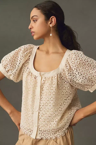 Blue Tassel Puff-sleeve Lace Blouse In White