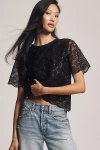 Blue Tassel Short-sleeve Shimmered Lace Top In Black