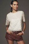 Blue Tassel Short-sleeve Shimmered Lace Top In Neutral