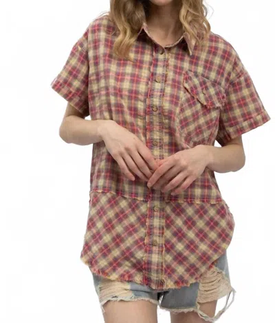 Blue Velvet Forever Washed Flannel Short Sleeve Shirt In Burgundy Plaid In Multi