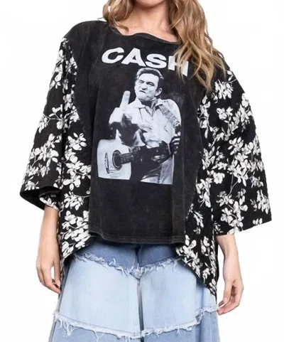 Blue Velvet Kantha Poncho Top In Johnny Cash Print In Multi