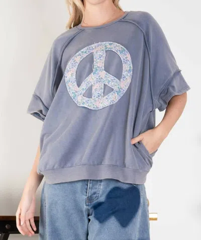Blue Velvet Mineral-washed Peace Sign Short Sleeve Terry Knit Top In Teal In Blue