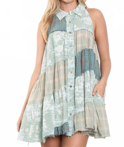 Blue Velvet Plaid Tunic Sleeveless Button Down Collar Cut Dress In Turquoise In Blue