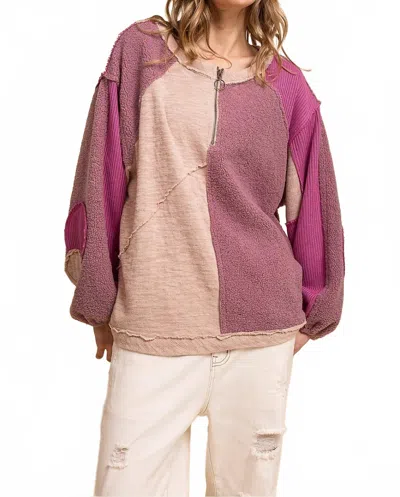 Blue Velvet Relaxed Fit Multi Media Fabric Mixed Knit Color Block Top In Mulberry In Purple