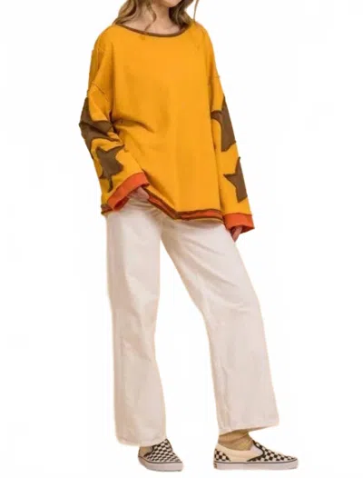 Blue Velvet Star Patched Long Sleeve Pullover With Side Pockets In Mustard In Multi