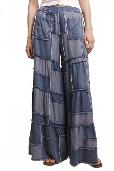 Blue Velvet Wide Leg Patchwork Chambray Tiered Pants In Blue