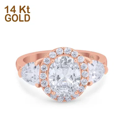 Pre-owned Blueappleco 14k Rose Gold Three Stone Oval Bridal Simulated Cz Wedding Engagement Ring In Pink