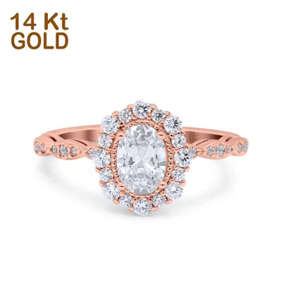 Pre-owned Blueappleco 14k Rose Gold Vintage Art Halo Oval Bridal Simulated Cz Wedding Engagement Ring In Pink