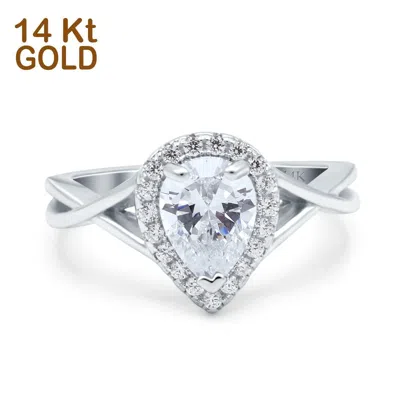 Pre-owned Blueappleco 14k White Gold Teardrop Pear Halo Infinity Shank Wedding Ring Round Simulated Cz In Silver