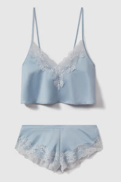 Bluebella Satin Shorts And Cami Set In Soft Blue/white