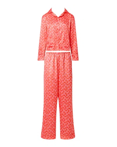 Bluebella Tabitha Luxury Satin Long Pyjama Set Hot Coral/dianthus Pink In Orange