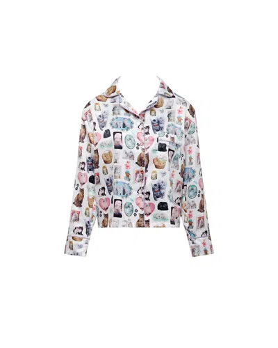 Bluebella - Us Bluebella Bb X Ashley Williams Kitten Print Luxury Satin Shirt In White