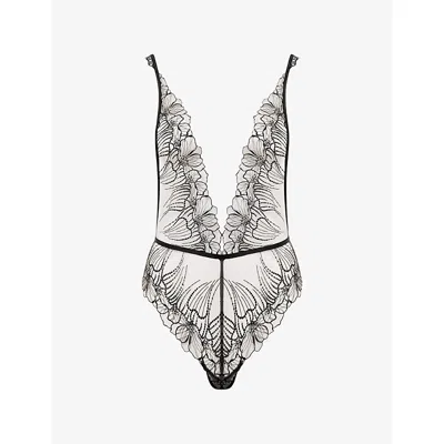 Bluebella Womens Black/sheer Amarosa Floral-embroidered Bodysuit