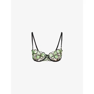 Bluebella Womens Odette Floral-embroidered Underwired Lace Bra Black/summer Green