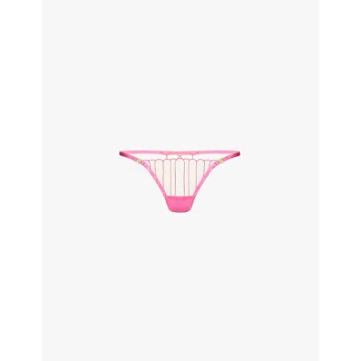 Bluebella Womens Fuchsia Pink Valentina Heart-embroidered Recycled-polyester Mesh Thong In Fuchsia Pink/sheer