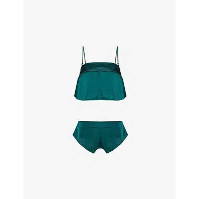 Bluebella Womens  Stephanie Luxury Pleat-trim Satin Nightwear Set In Botanical Garden Green