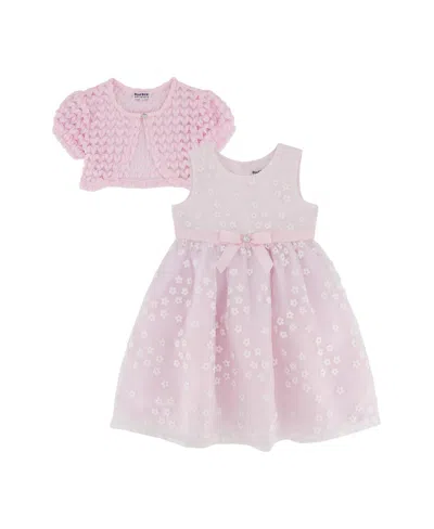 Blueberi Boulevard Baby Girls 2-piece Fit And Flare Flocked Dress And Knit Shrug Set In Light Pink