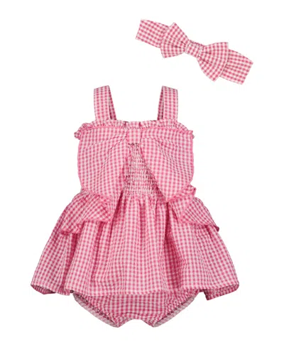 Blueberi Boulevard Baby Girls Big-bow Seersucker Sundress Headband In Pink