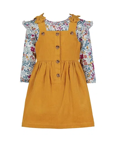 Blueberi Boulevard Baby Girls Flutter Trim Floral Top And Ribbed Fit-and-flare Buttoned Jumper Set In Mustard