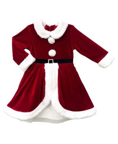 Blueberi Boulevard Baby Girls' Holiday Long-sleeve Faux-fur-trim Santa Dress In Burgundy