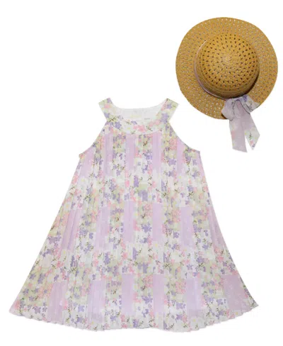 Blueberi Boulevard Baby Girls Lilac Floral Pleated Swing Dress Sun Hat In Pink