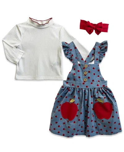 Blueberi Boulevard Baby Girls' Long-sleeve Top, Jumper Dress And Headband, 3-piece Set In Blue,white