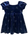 Blueberi Boulevard Baby Girls Puff Sleeve Stretch Velvet Bow Dress In Blue