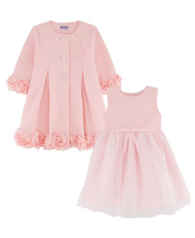 Blueberi Boulevard Baby Girls' Rosette Trim Textured Swing Coat And Tulle Dress, 2-piece Set In Pink