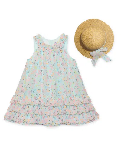 Blueberi Boulevard Baby Girls Ruffle-trim Floral Swing Dress Sun Hat In Mint