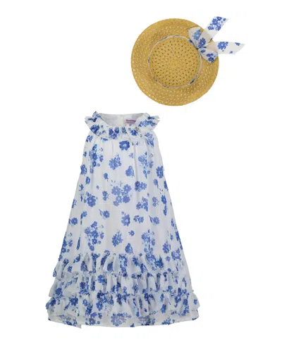 Blueberi Boulevard Baby Girls Ruffle-trim White Blue Swing Dress Sun Hat