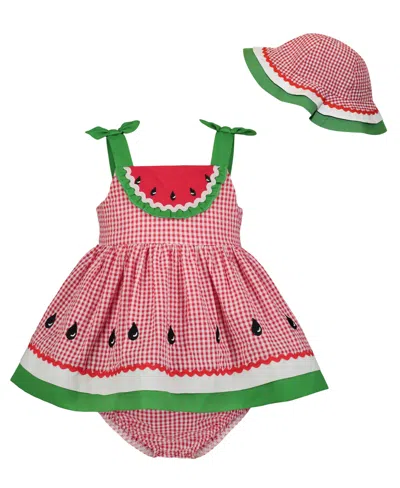 Blueberi Boulevard Baby Girls Waterrmelon Seersucker Sundress Hat Set In Red