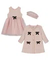 Blueberi Boulevard Girls 2t-6x 3-piece Bows Knit Dress, Coat And Hat Set In Pink