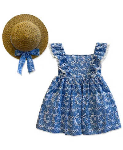 Blueberi Boulevard Kids' Girls' 2t-6x Eyelet Round Neck Sundress With Hat In Blue