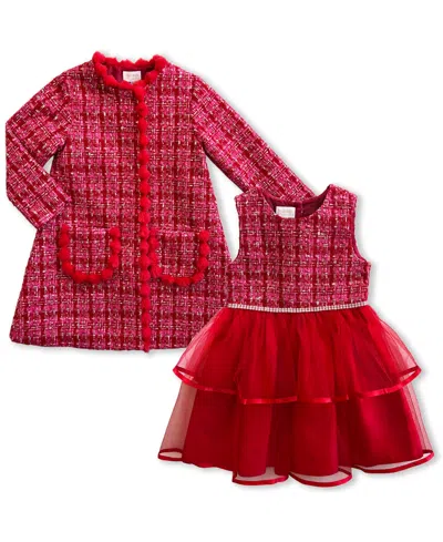 Blueberi Boulevard Kids' Girls' 2t-6x Boucle Coat And Tiered Tulle Dress, 2-piece Set In Red