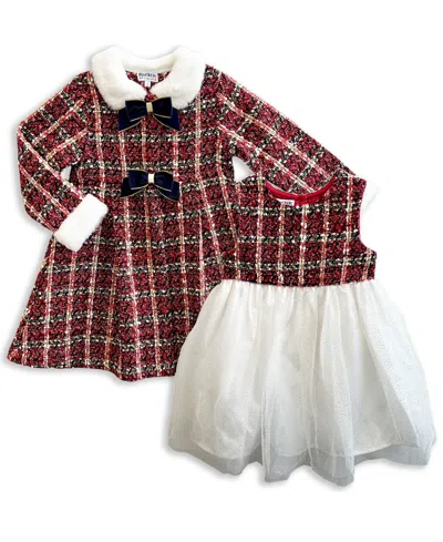 Blueberi Boulevard Kids' Girls' 2t-6x Holiday Tartan Plaid Boucle Coat And Dress, 2-piece Set In Red
