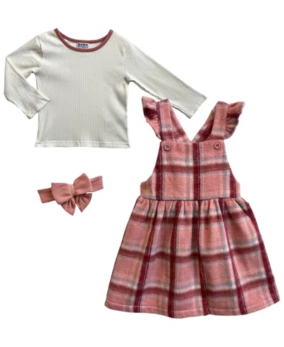 Blueberi Boulevard Kids' Girls' 2t-6x Long-sleeve Top And Plaid Jumper Dress And Matching Bow Headband, 3-piece Set In Dusty Pink