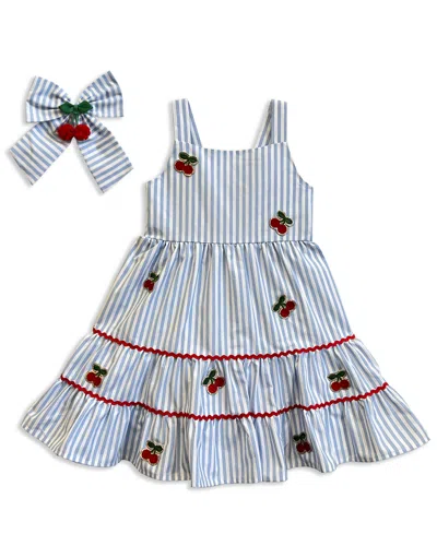Blueberi Boulevard Kids' Girls' 2t-6x Stripe Embroidery Sundress And Bow, 2-piece Set In Blue