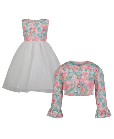 Blueberi Boulevard Kids' Toddler Girls Fit-and-flare Dress And Floral Crop Jacket Set In Pink Multi