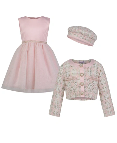 Blueberi Boulevard Kids' Toddler & Little Girls Fit-and-flare Tulle Dress, Lurex Tweed Crop Jacket And Beret Set In Candy Pink