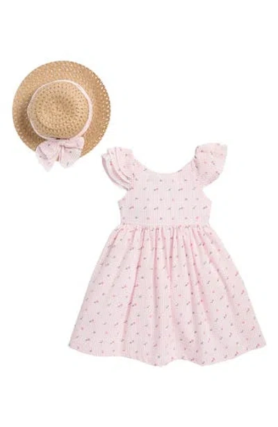 Blueberry Babies'  Kids' Floral Seersucker Dress & Hat Set In Pink Multi