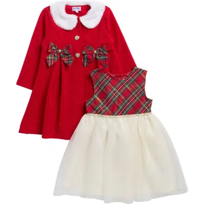 Blueberry Kids' Party Dress & Faux Fur Collared Coat Set In Red