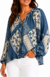 Bluegrey Patchwork Print Long Sleeve Top In Blue